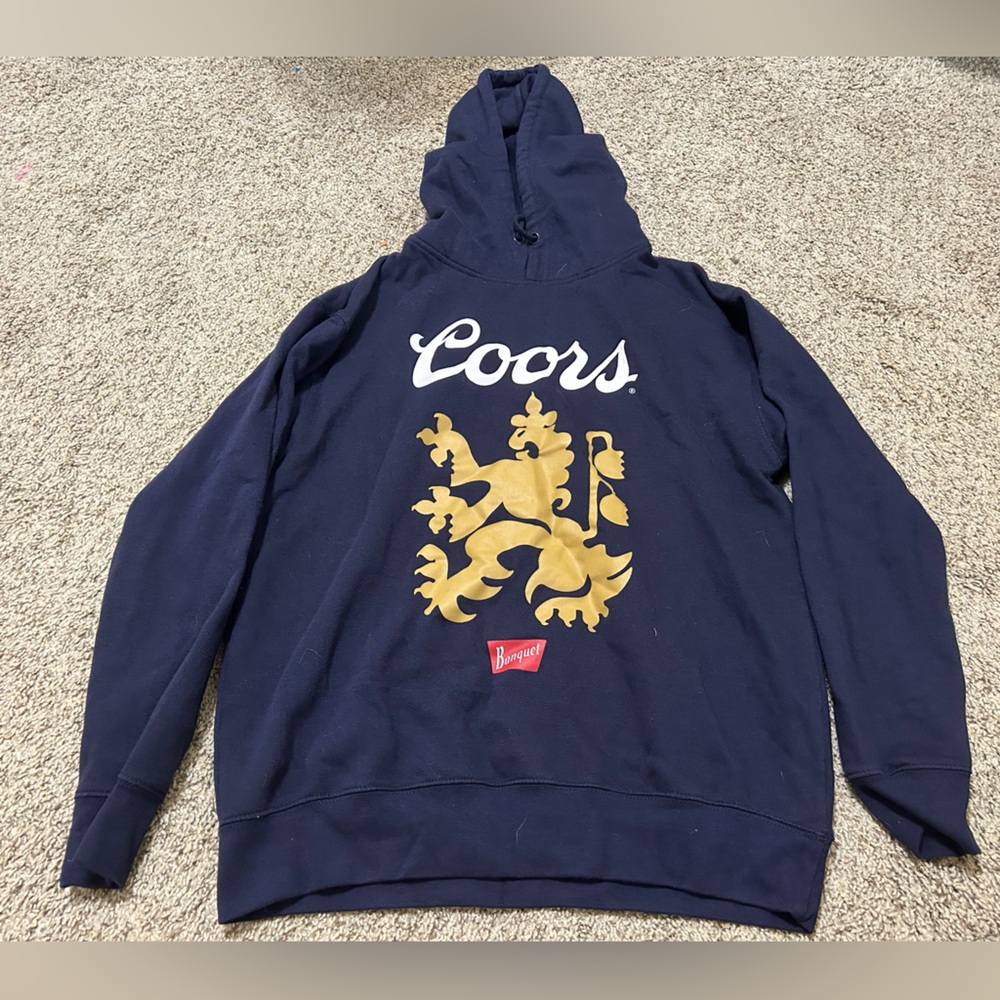 Coors Banquet Navy Lion Hooded Sweatshirt Size Medium Unisex Cotton Blend Winter